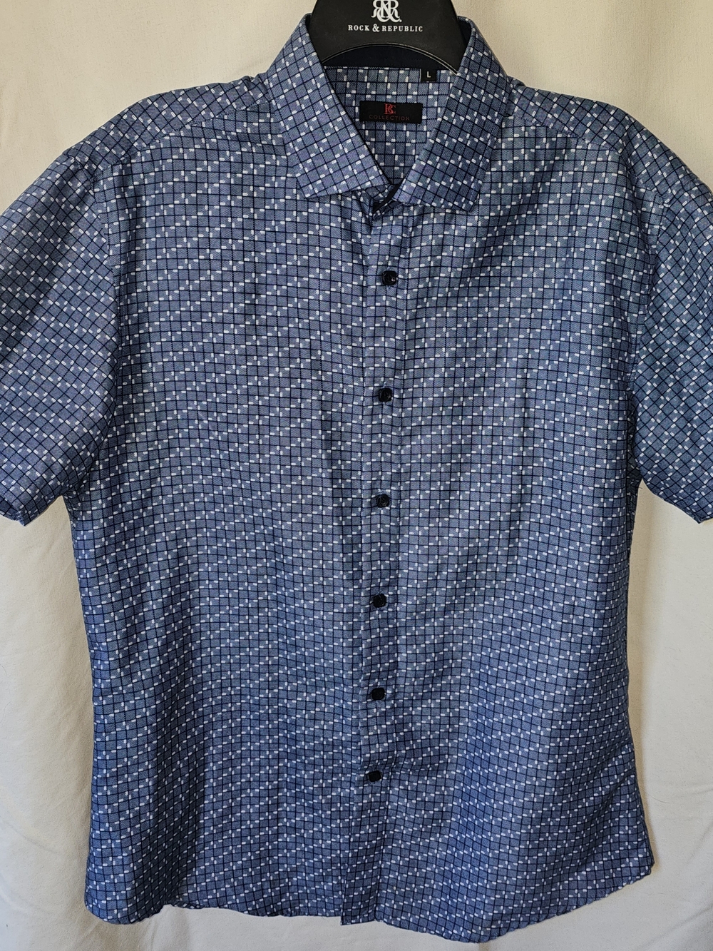 BC COLLECTION Men's Blue Patterned Short-Sleeve Dress Shirt